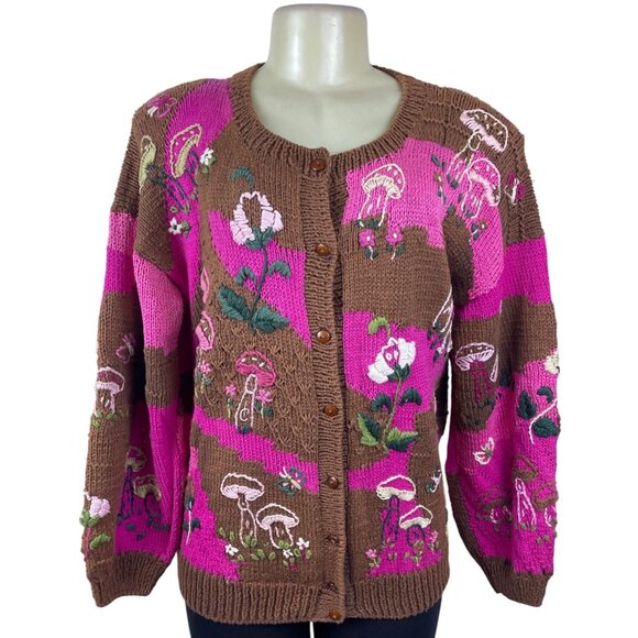 Vintage Hand-Knit Womens Pink & Brown Cardigan With Mushroom Embroidery Size M - Picture 1 of 7